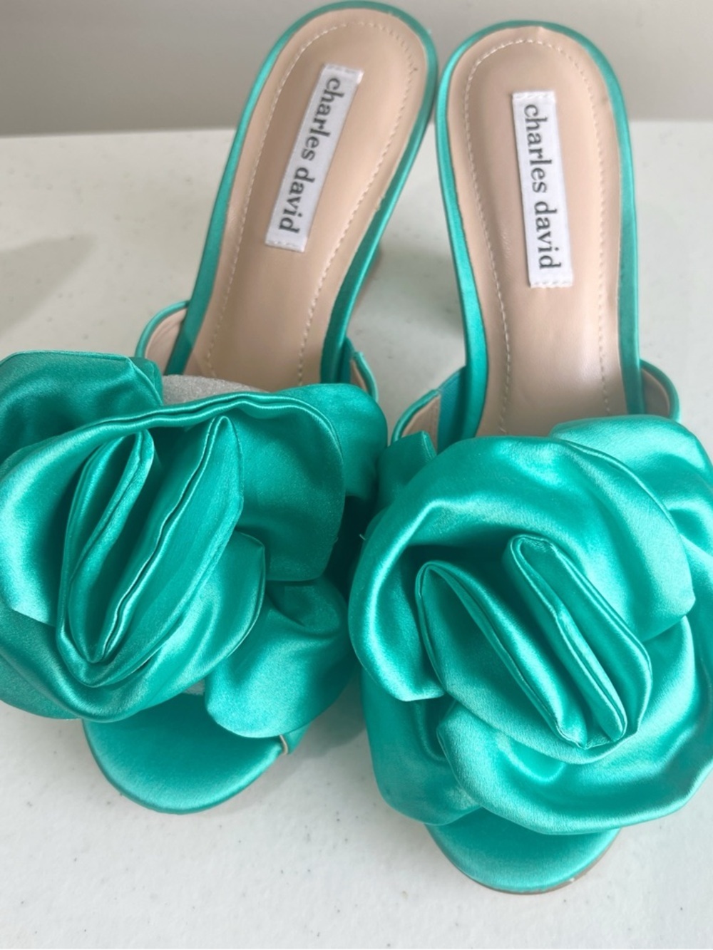 Charles David Turquoise Satin Rosette Block Heel Mules